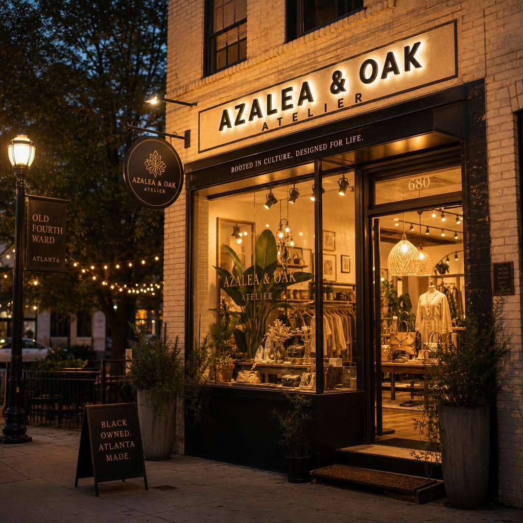 Illuminated brand storefront sign at dusk