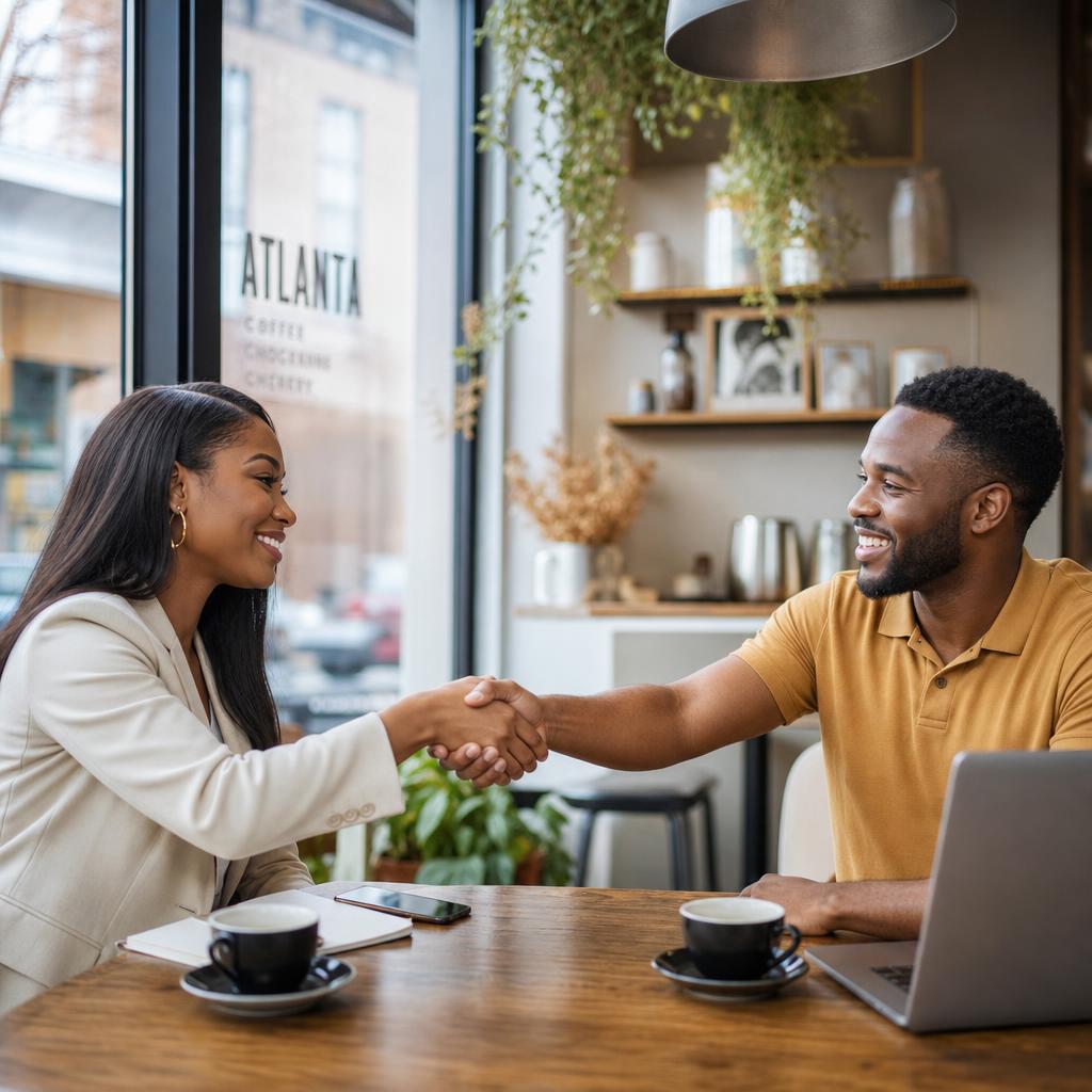 Business owner and creator shaking hands