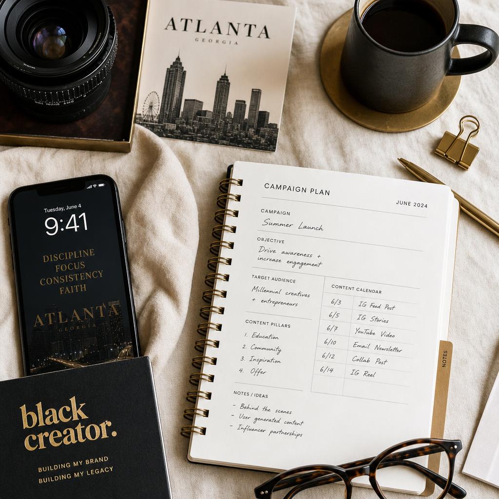 Creator workspace with phone, calendar and camera lens